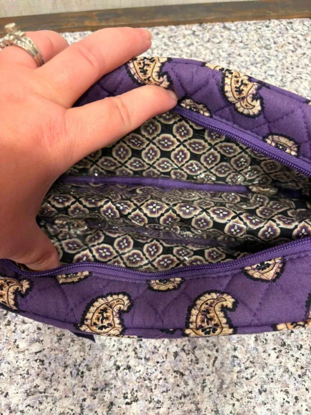 Vera Bradley Purple Quilted Paisley Fabric Zip Makeup Bag with Pockets